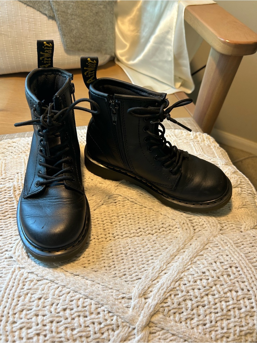 Doc Martens Black Leather Lace-Up Combat Boots with Side Zip- Girls size 1